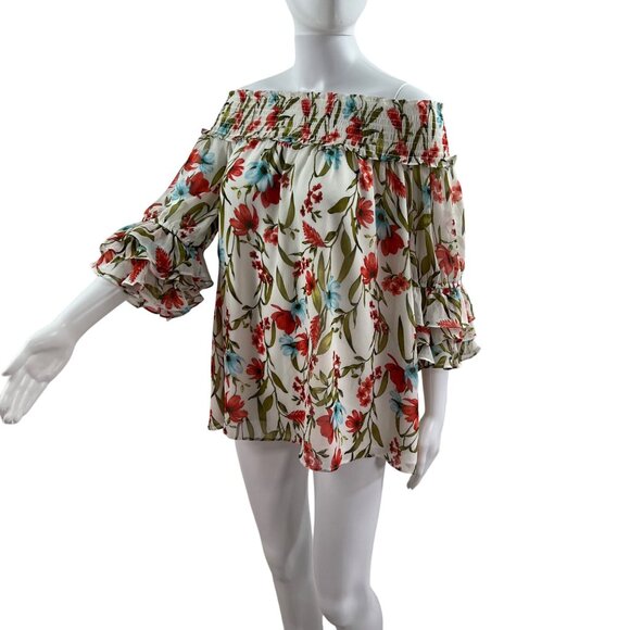 CeCe Women XL White Floral Off Shoulder Smocked Ruffle Sleeve Chiffon Top Beachy - Picture 6 of 16